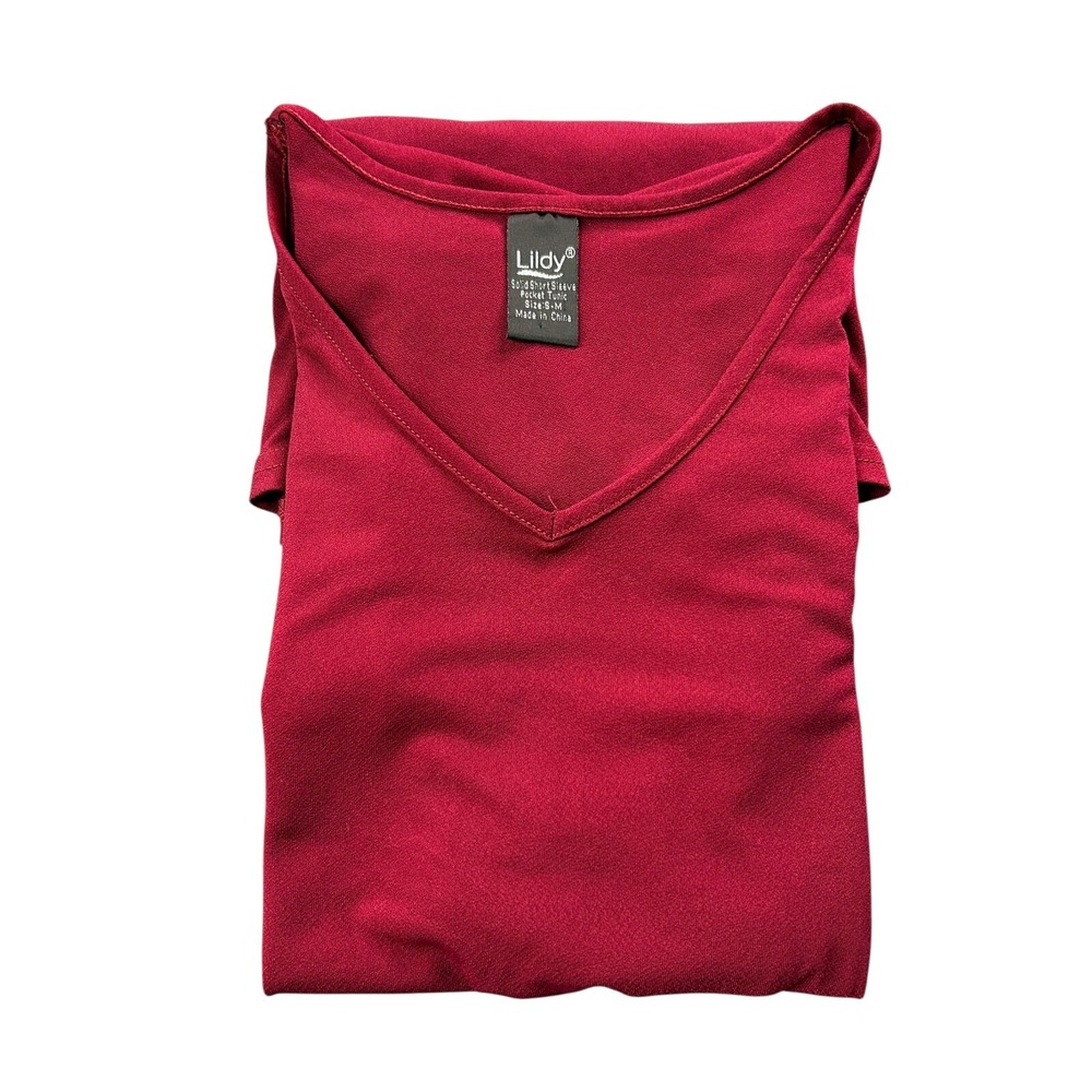 Lildy Top Womens Size S-M Burgundy Cuffed S/S Comfort Stretch Pocket Shirt Tunic - Picture 8 of 8